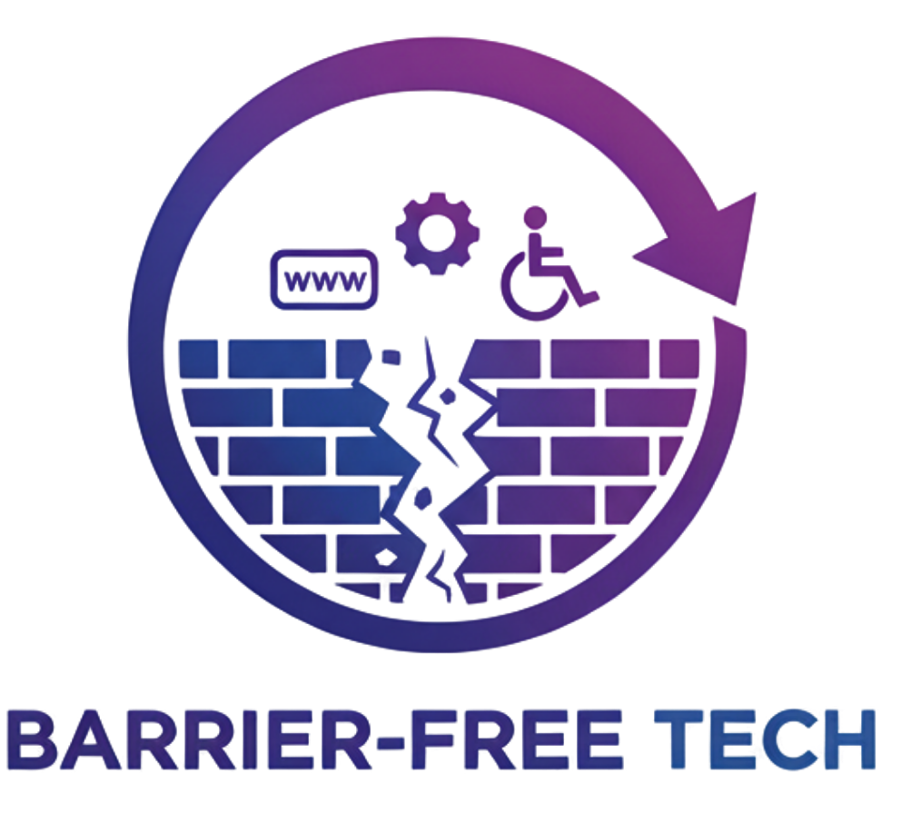 Barrier-Free Tech logo showing accessibility symbols breaking through barriers